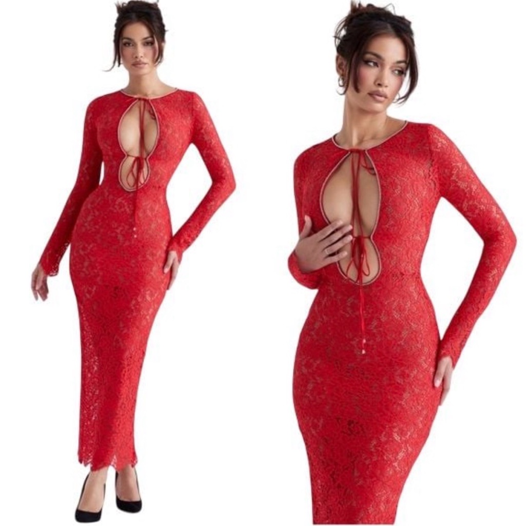 New House Of Cb Lisandra Lace Maxi Dress Red Crystal Trim Cutout Long Sleeve Xs